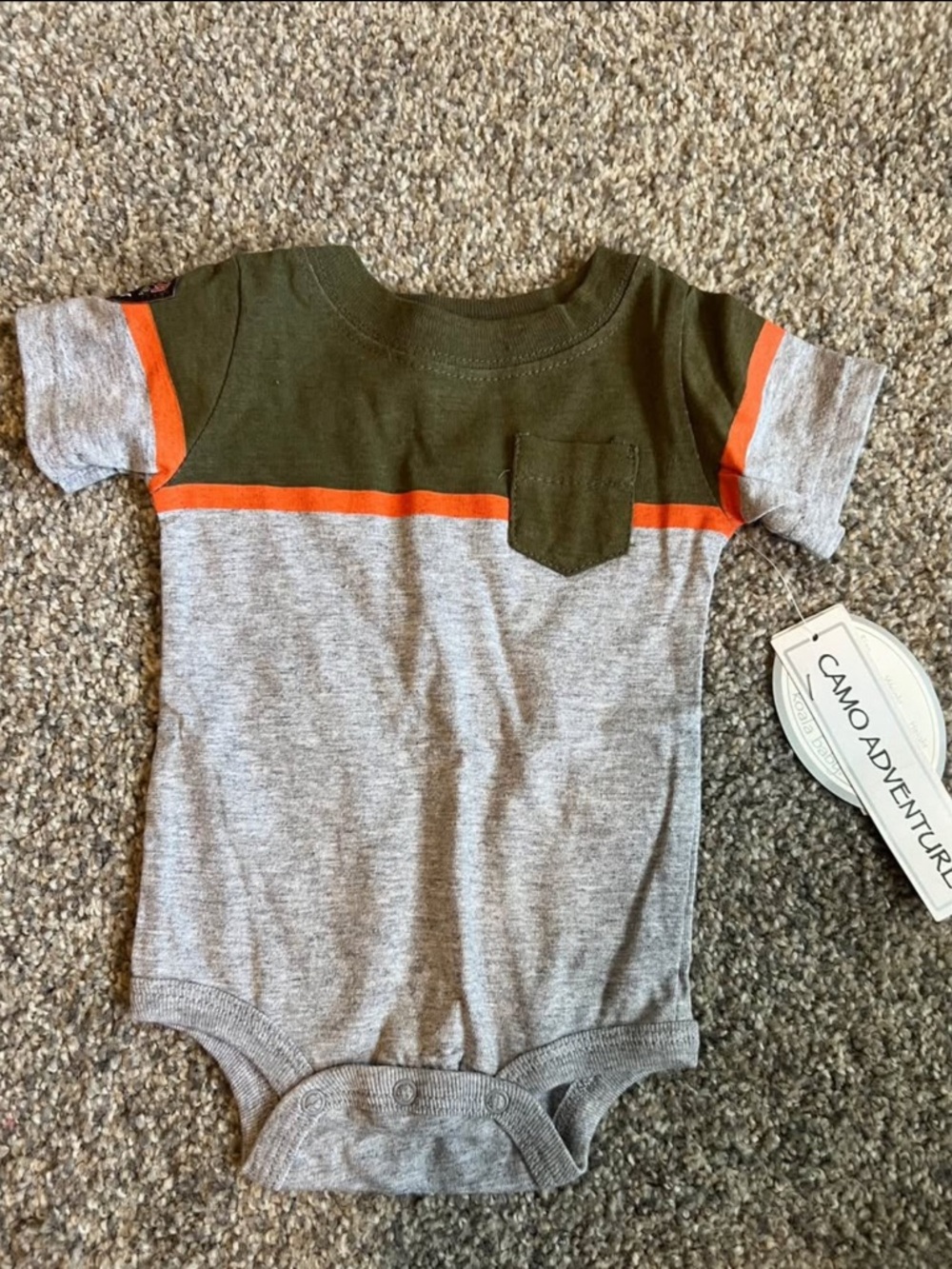 Olive & Gray Stripe Baby One-Piece with Accent Orange Trim